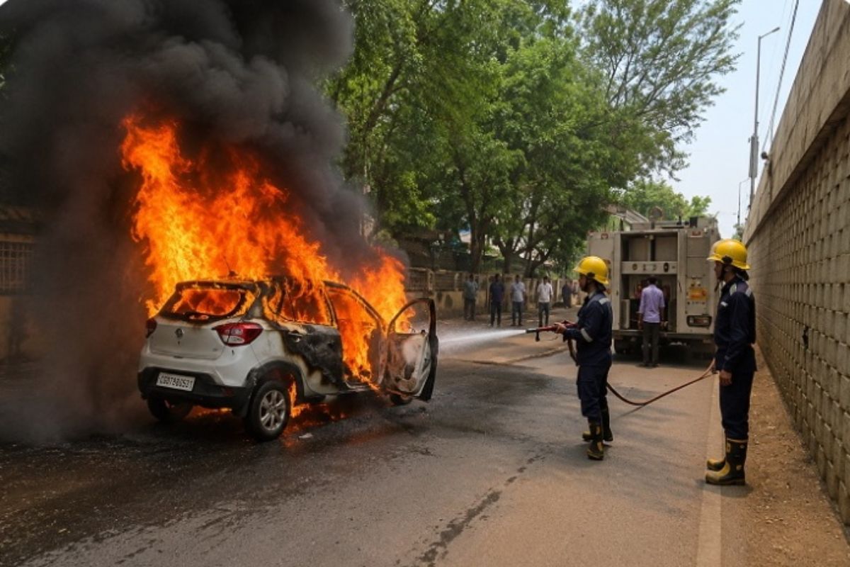 CG Durg News: देखते ही देखते धू-धू कर जली कार, फायर ब्रिगेड ने मौके पर पहुंचकर पाया आग पर काबू